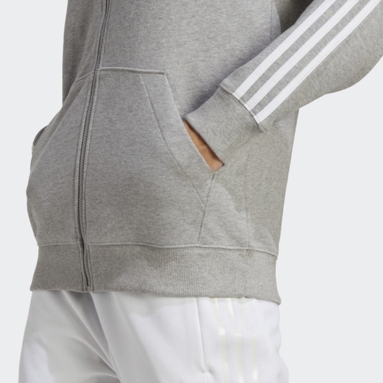 Moletom Com Capuz Regular Cinza Médio Com As Três Listras French Terry Regular E Zíper Adidas