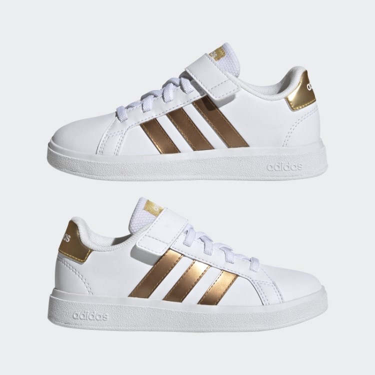 Adidas Grand Court Estilo De Vida Sustentável Sapatos De Renda Elástica E Top Strap Dourado Fosco