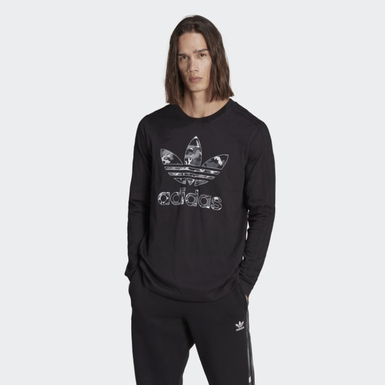 Camiseta De Manga Longa Com Listras Camufladas Preta Adidas