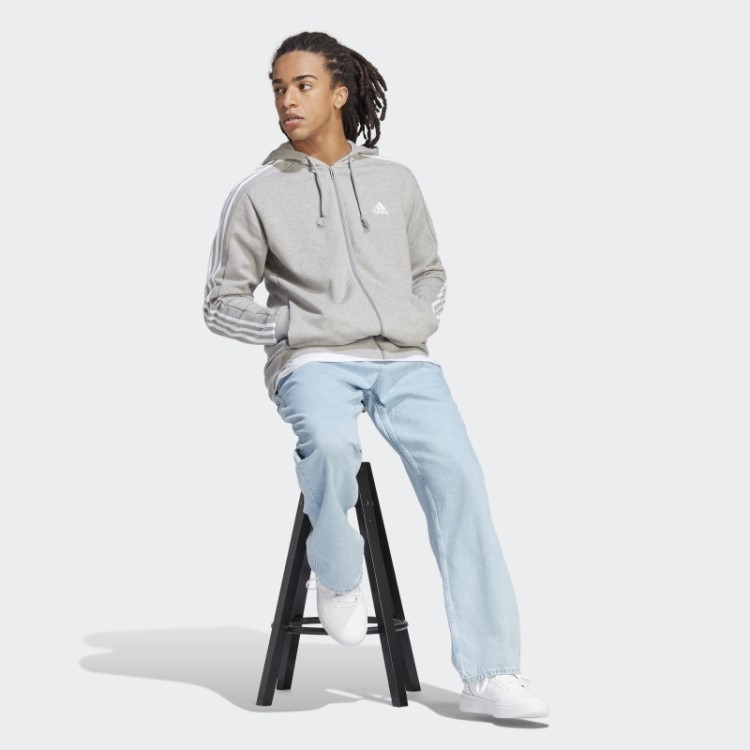 Adidas Essentials French Terry Moletom Com Capuz E Zíper Nas Três Listras Branco Hot