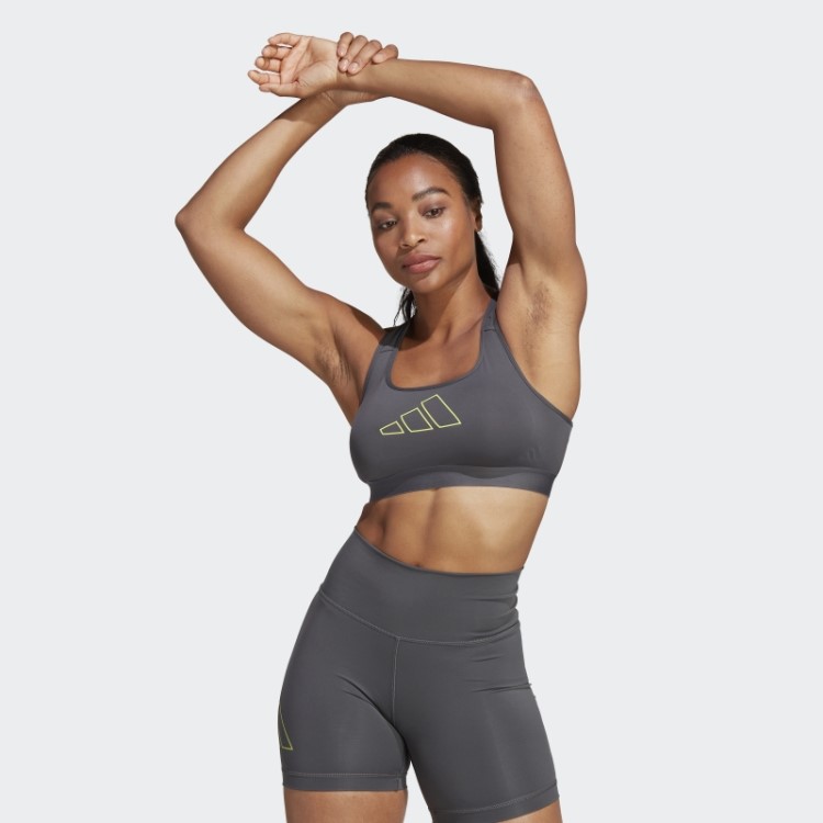Moda De Sutiã De Suporte Médio Adidas Cinza Powerreact Hiperbrilhante