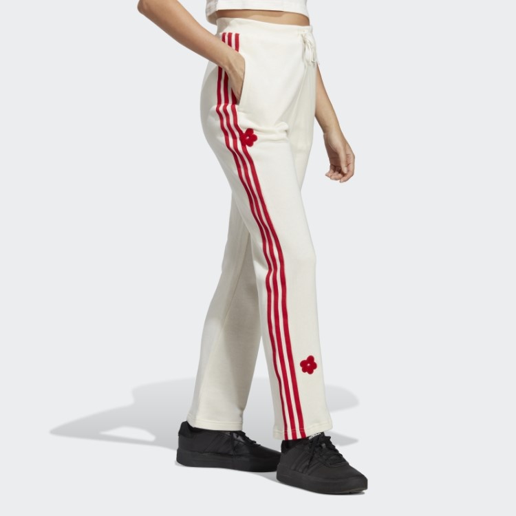 Jogger Branco Com As Três Listras De Cintura Alta E Apliques De Flores Em Chenille Adidas