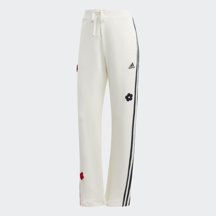 Jogger Branco Com As Três Listras De Cintura Alta E Apliques De Flores Em Chenille Adidas
