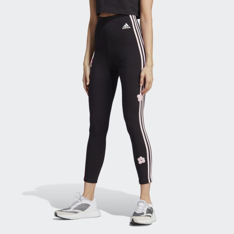 Legging Preta De Algodão Com Três Listras E Apliques De Flores Em Chenille Adidas