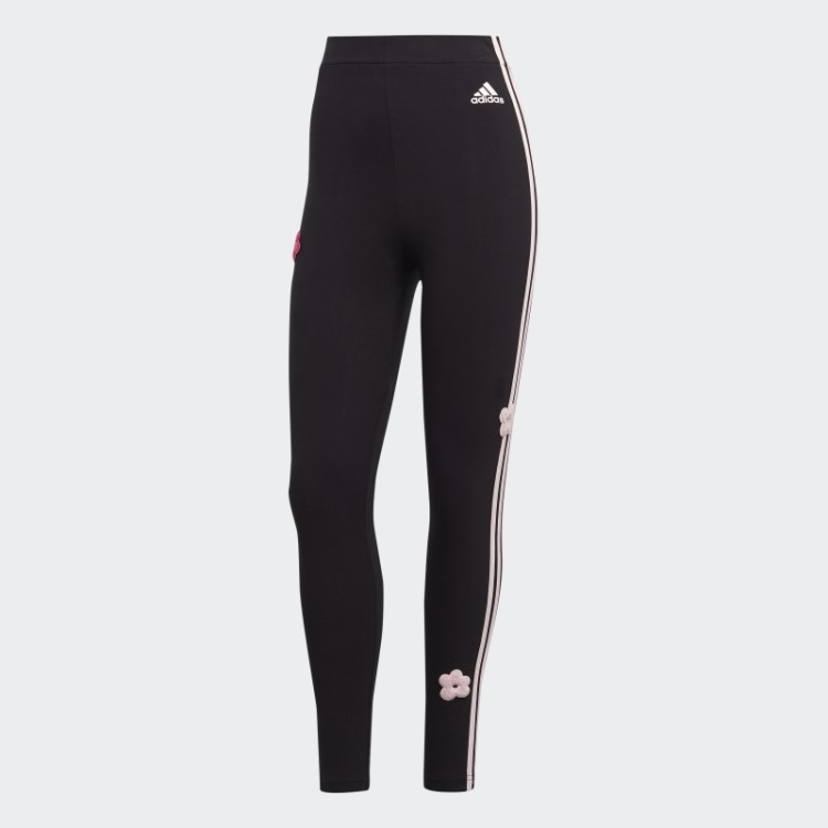 Legging Preta De Algodão Com Três Listras E Apliques De Flores Em Chenille Adidas