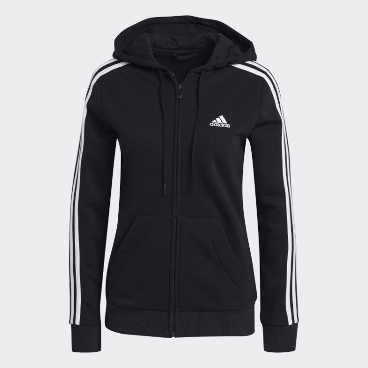Moletom Com Capuz Preto Adidas Essentials Com As Três Listras E Zíper