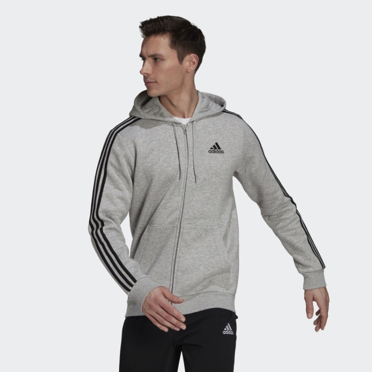 Moletom Com Capuz E Zíper Nas Três Listras Cinza Médio Essencial Adidas