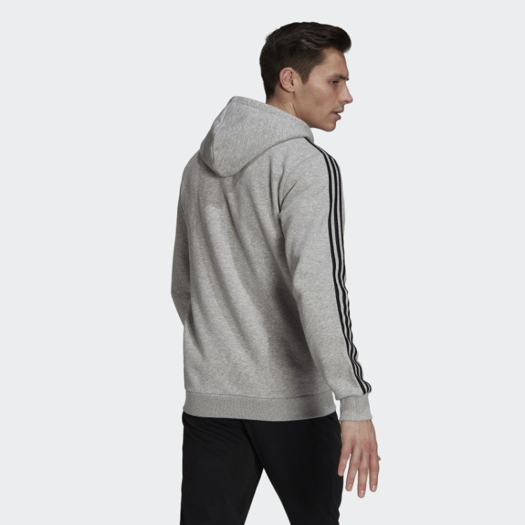 Moletom Cinza Médio Com Capuz E Zíper Nas Três Listras Adidas Essentials