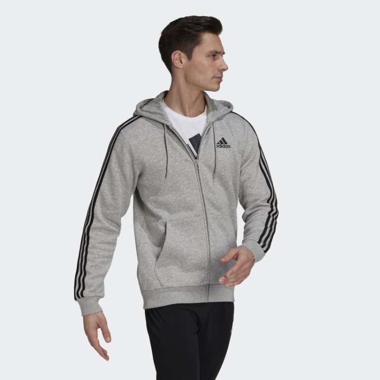 Moletom Cinza Médio Com Capuz E Zíper Nas Três Listras Adidas Essentials