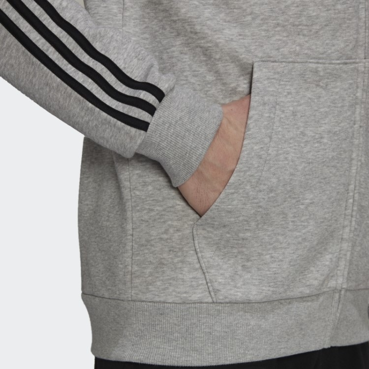 Moletom Cinza Médio Com Capuz E Zíper Nas Três Listras Adidas Essentials