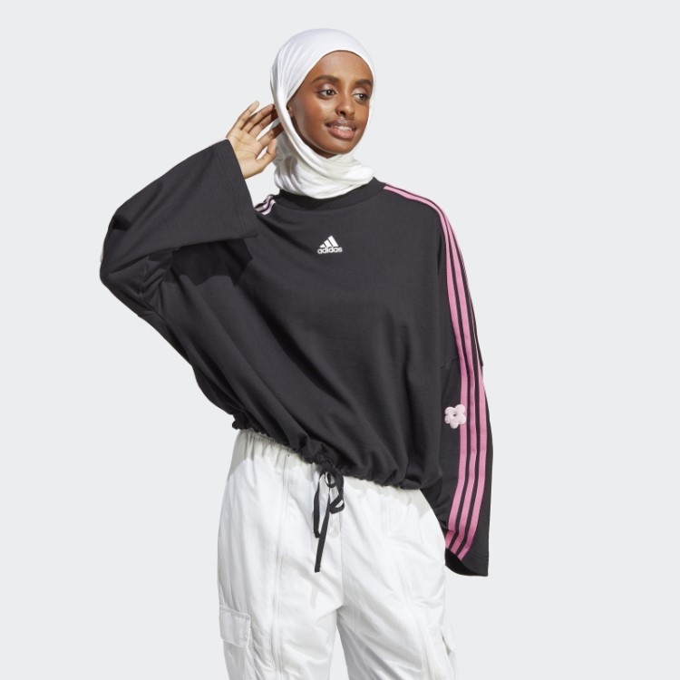 Moletom Com As Três Listras E Apliques De Flores Em Chenille Adidas Preto