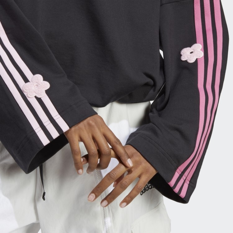 Moletom Com As Três Listras E Apliques De Flores Em Chenille Adidas Preto