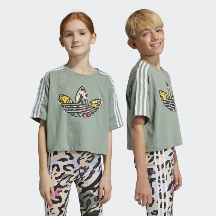 Camiseta Cropped Animal Print Adidas Verde Prateado