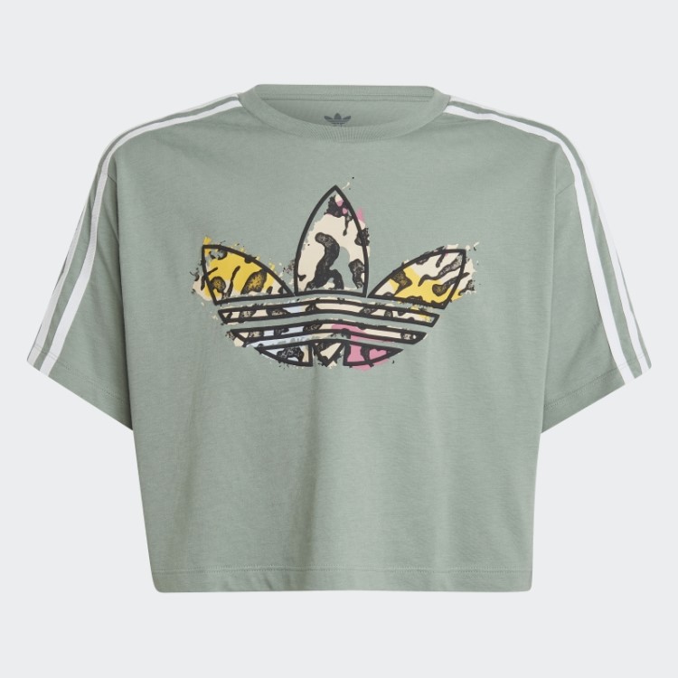 Camiseta Cropped Animal Print Adidas Verde Prateado