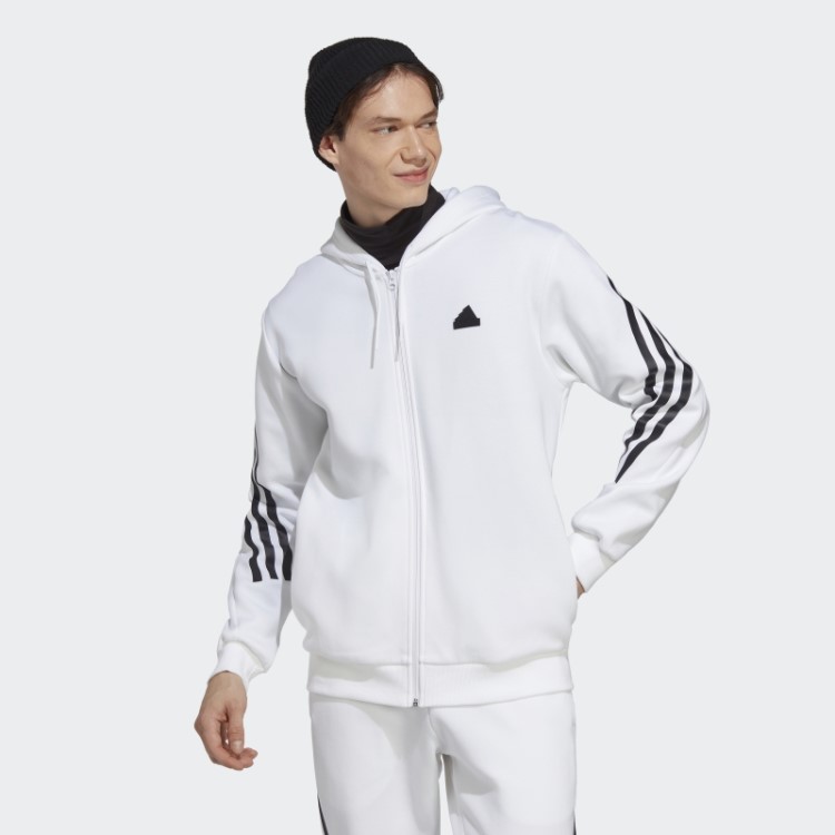 Elegante Moletom Branco Com Capuz E Zíper Nas Três Listras Future Icons Da Adidas