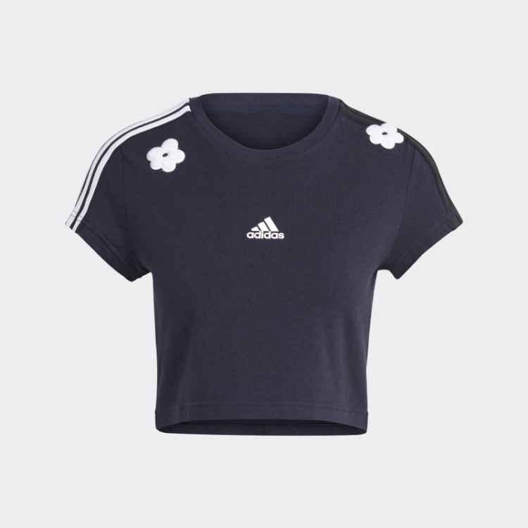 Camiseta Cropped Com As Três Listras Ink Adidas E Apliques De Flores Em Chenille