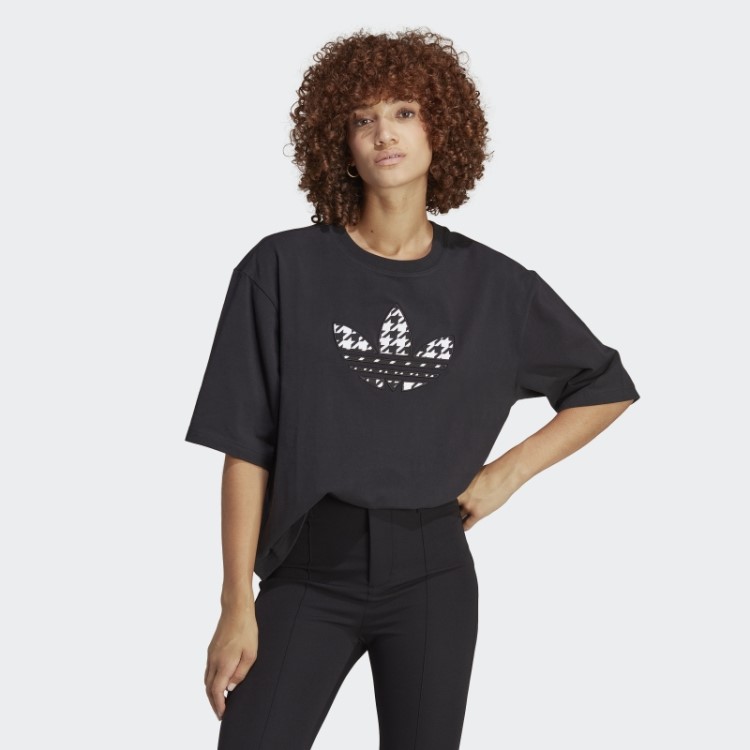 Camiseta Preta Originals Com Trevo Houndstooth E Enchimento Adidas
