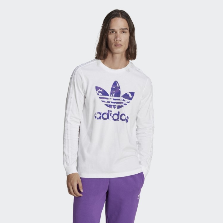 Camiseta De Manga Longa Com Listras Camufladas Brancas Adidas