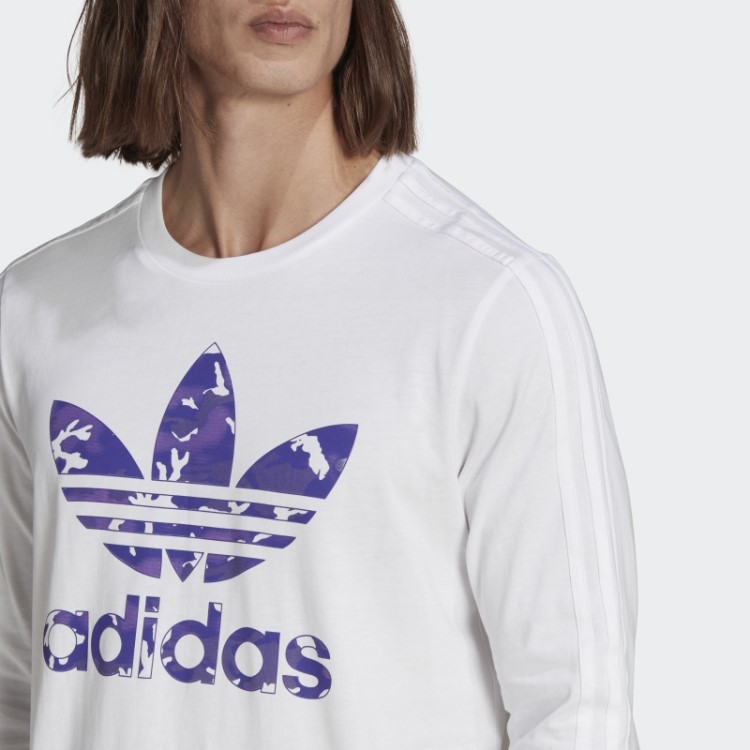Camiseta De Manga Longa Com Listras Camufladas Brancas Adidas